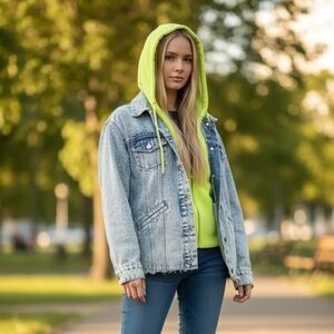 Sipos Zinna Knit Hooded Acid Wash Denim Jean Jacket. Blue Green Size M #908